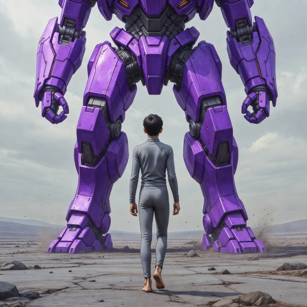 Clad in his body suit up to the neck, young Masa nervously approaches the towering mech with his back facing us. He is nervous for his first time in the field. The mech's bright purple colour scheme contrasts with the grey body suit. The scale of the mech dwarfs Masa. Hand drawn style