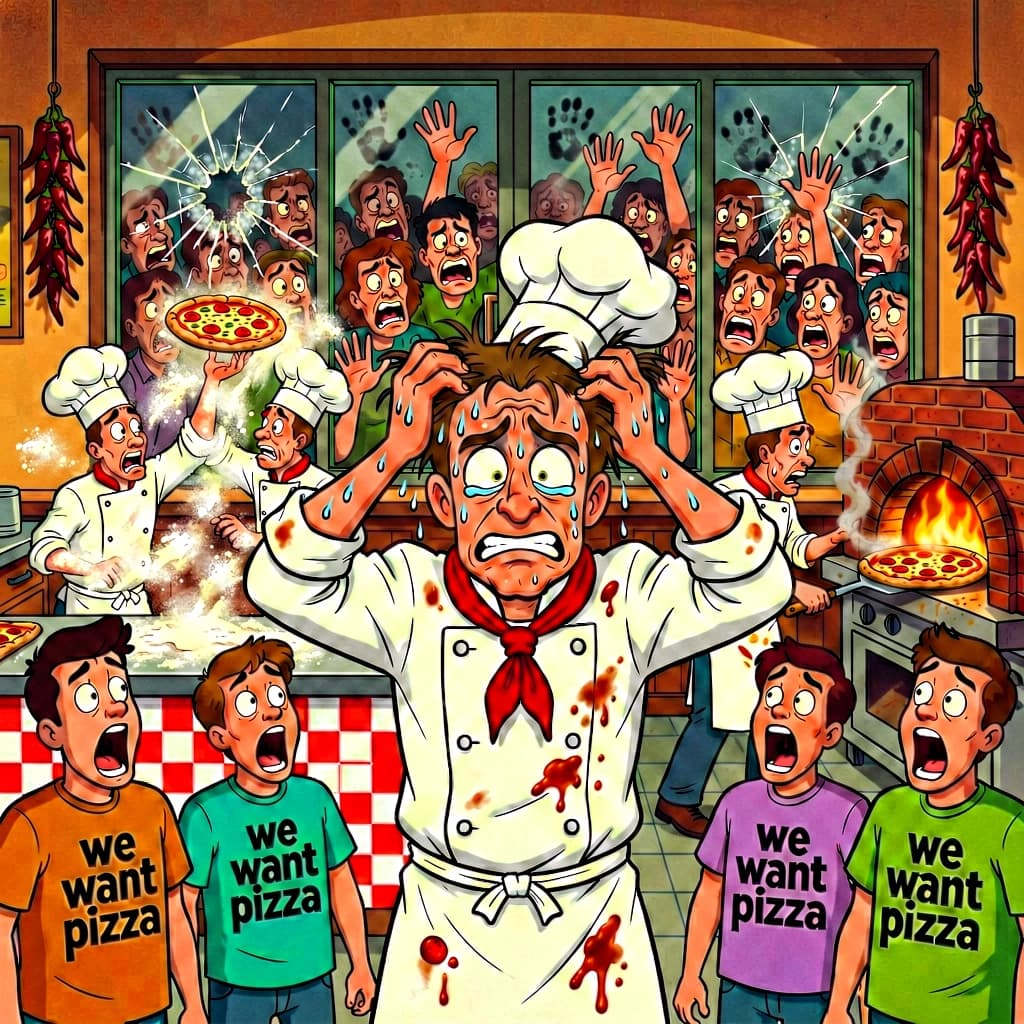 Pasquale is pulling his few remaining hairs out over a disaster at the pizzeria - the cooks are working as fast as they can but the crowds outside are swelling and they demand hot hot pizza! They are banging on the glass and some are wearing "we want pizza" shirts. 1980s western TV animation style.