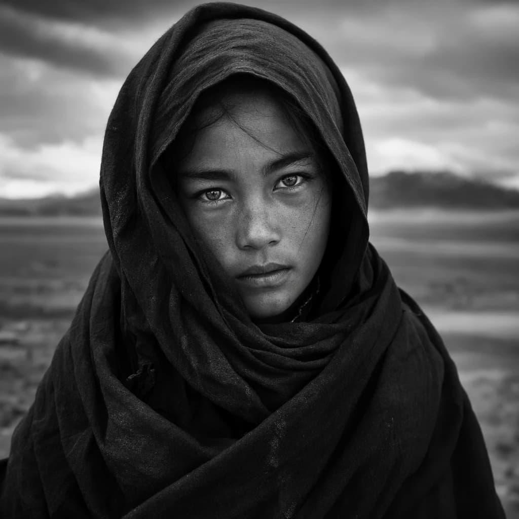 A dramatic black-and-white portrait of a young person draped in a hooded garment, their face framed by the hood's dark folds. Their skin tone and the subtle sheen on their cheeks create striking tonal contrast against the deep shadows. Their eyes are piercing, looking directly into the lens with a calm, steady intensity—neither confrontational nor submissive, but deeply present. The texture of the fabric is visible: it's dense, slightly weathered, and whisper-thin creases catch the light. In the background, an expansive, out-of-focus landscape suggests open space—perhaps distant plains or water—though the details remain soft and abstract. The overall mood is silent yet powerful, poised between vulnerability and resilience, with every highlight and shadow telling part of their story.