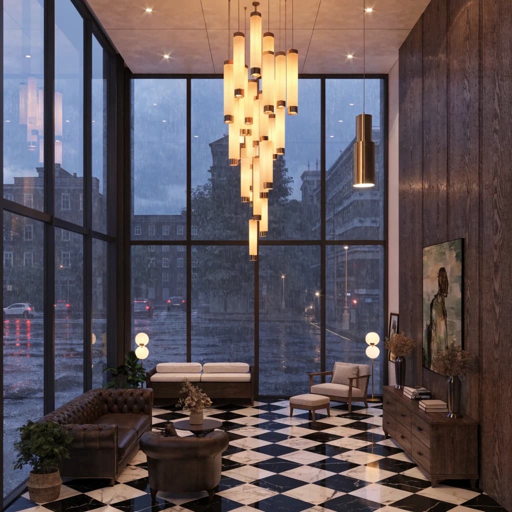 Isometric 3D lobby, glass walls, warm lights, slightly moody, soft shadows.