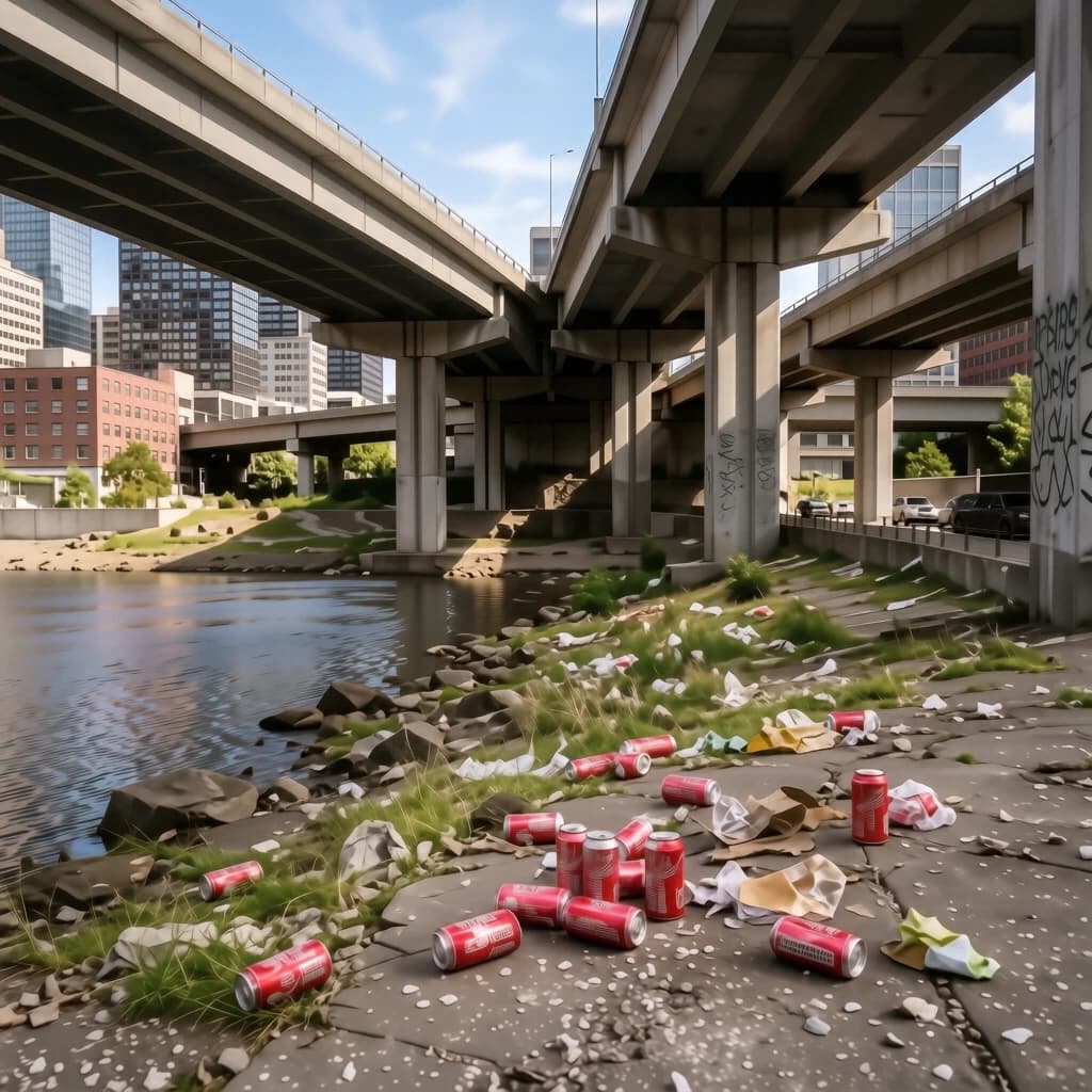 Red soda cans and other garbage sit strewn across the bank of an urban river only a few metres wide. Concrete overpasses criss cross overhead on a bright and sunny day. Fading skywriting proposes marriage