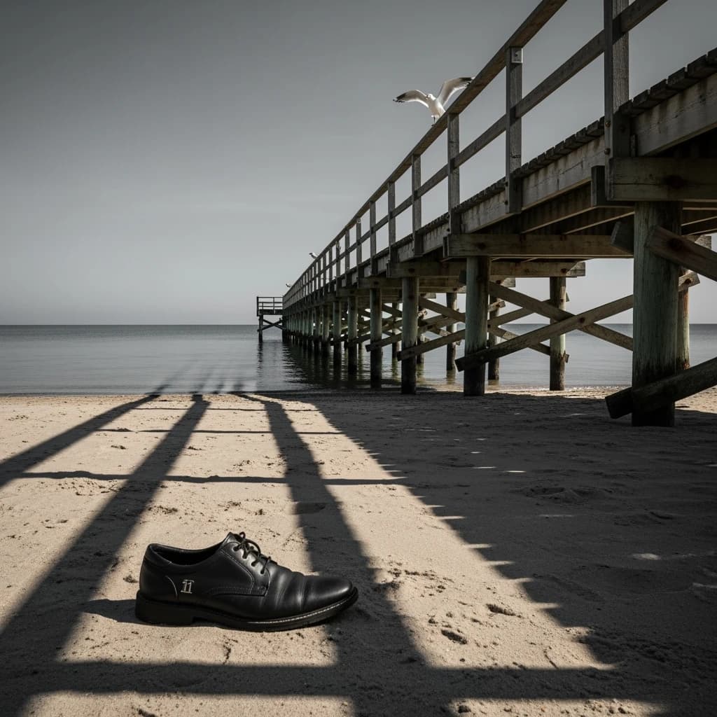 The beach is flat, sand beige, granular, no shells, except for a single left shoe, black leather, size eleven, half buried at an angle. The pier extends straight into the water, wood untreated, grain visible, though the support posts vanish before they touch the surface. The sky is uniformly gray, no clouds, yet shadows stretch at sharp diagonals. A single gull sits on the railing, wings outstretched, frozen mid-flap, no movement.