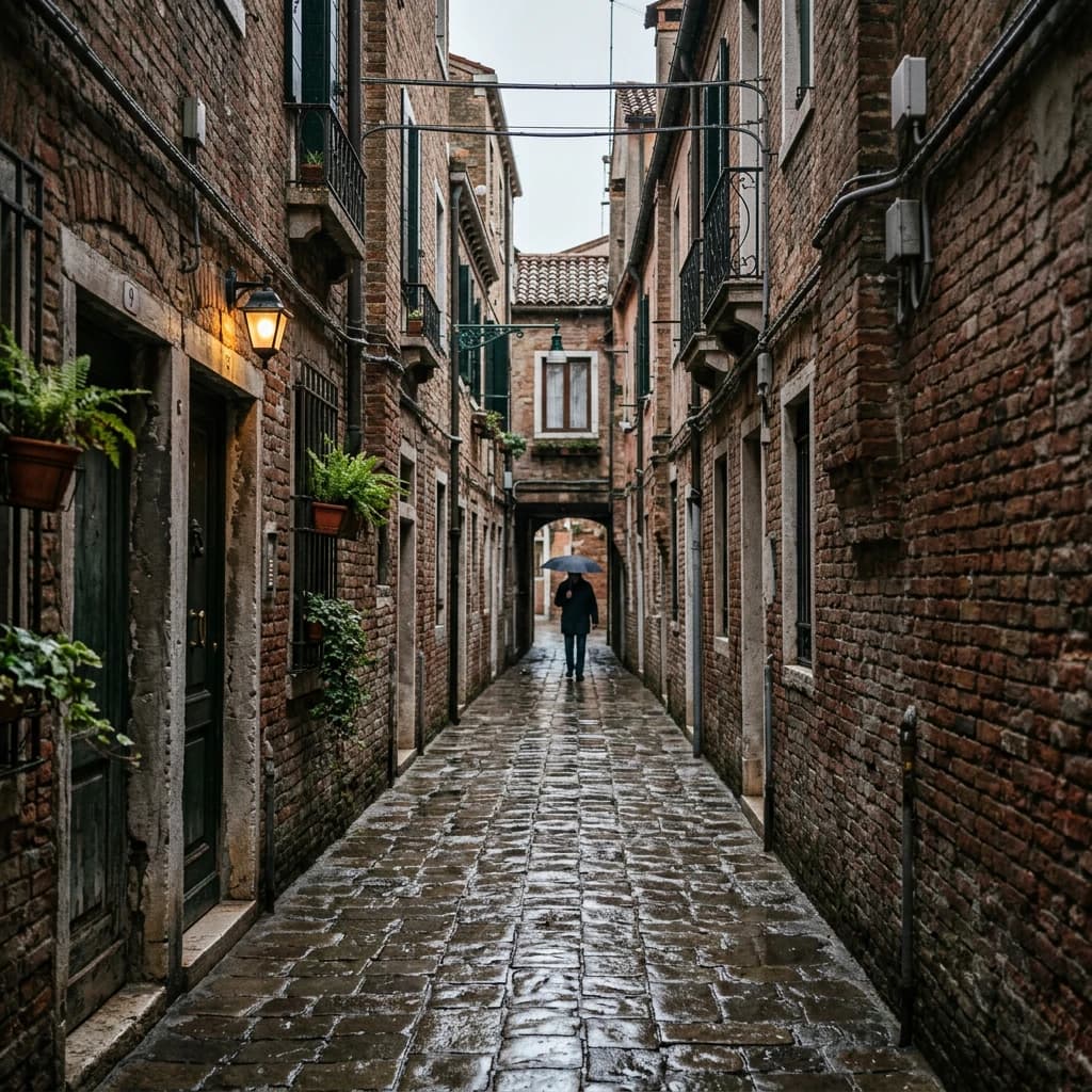 Show a narrow brick alley with wet cobblestones.