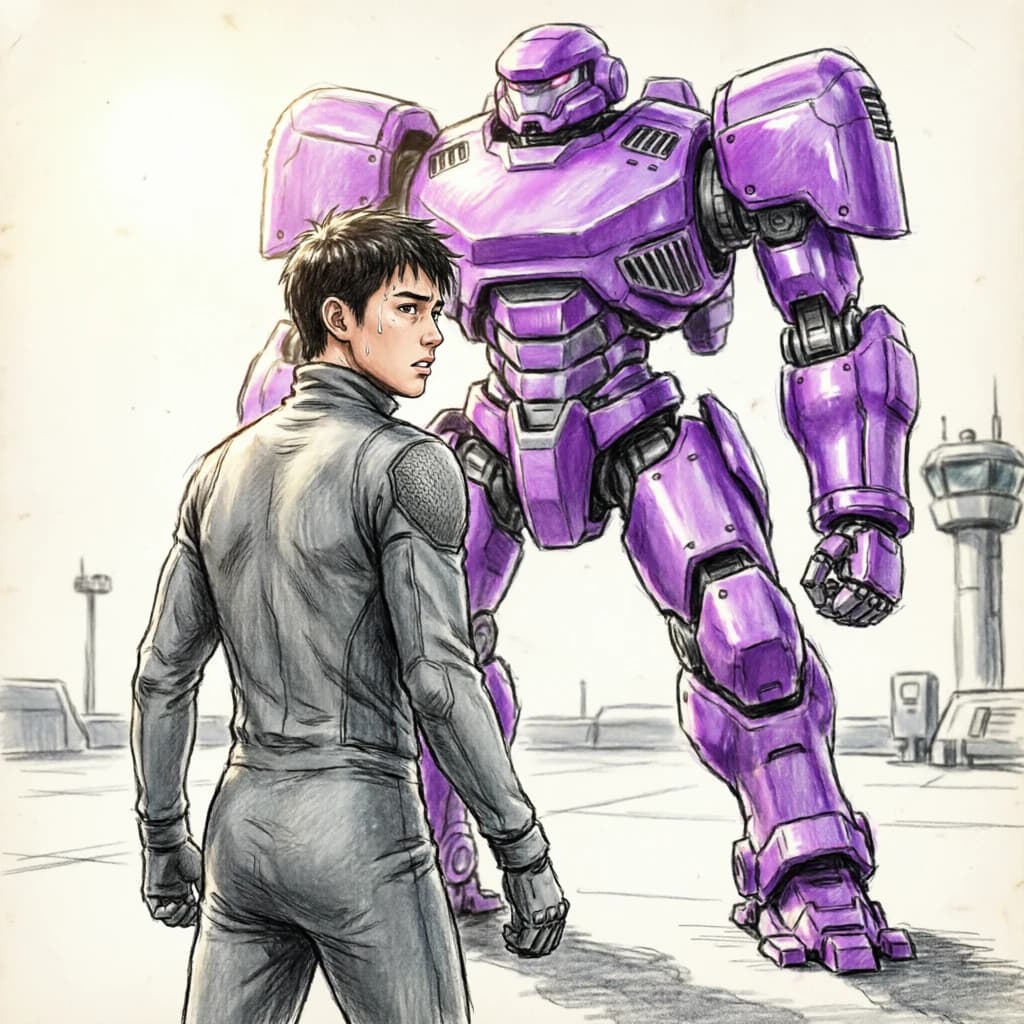 Clad in his body suit up to the neck, young Masa nervously approaches the towering mech with his back facing us. He is nervous for his first time in the field. The mech's bright purple colour scheme contrasts with the grey body suit. The scale of the mech dwarfs Masa. Hand drawn style