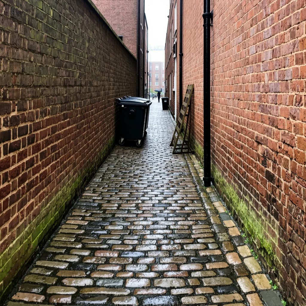 Show a narrow brick alley with wet cobblestones.