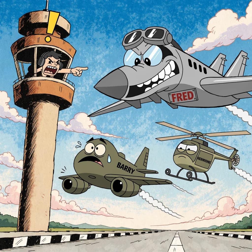 Almost at the runway, Fred the Fighter Jet is racing with Barry the Bomber to see who lands first. Fred has a mischievous trick up his sleeve but Hermione the Helicopter is going to stop him before he gets the chance. The control tower is very angry and has a big exclamation mark. Hand drawn cel look