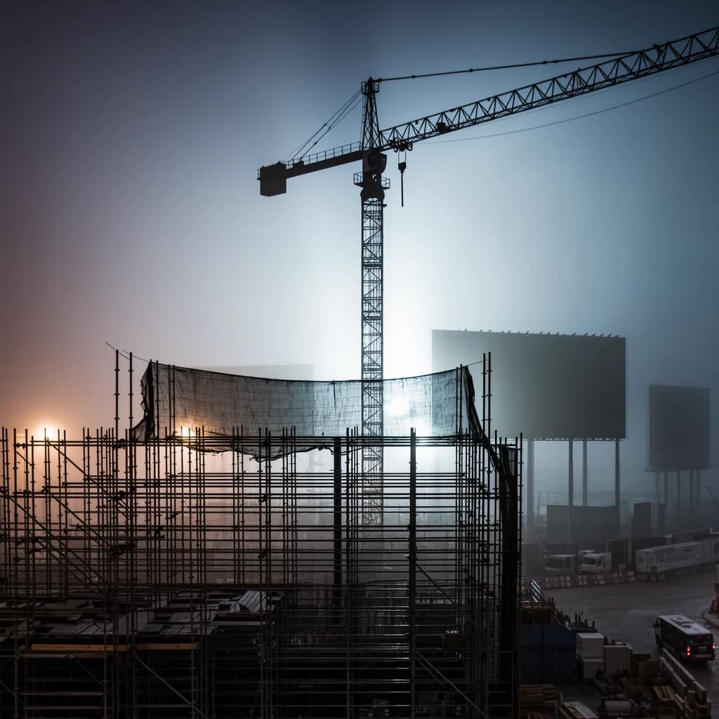 A construction site stretched upward into fog, cranes frozen in silhouette. Wind rattled scaffolding draped with torn mesh that glowed faintly from nearby billboards