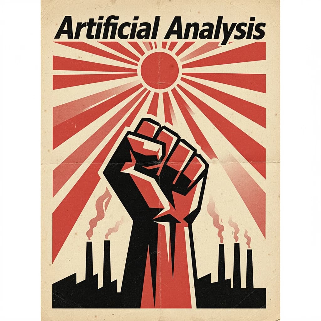 A propaganda poster in stark red, black, and beige. A clenched fist rises in the foreground, rendered with sharp geometric blocks. Behind it, radiating lines stretch upward toward a stylized sun. At the top, bold sans-serif lettering in Cyrillic-inspired type spells out Artificial Analysis, tilted at an angle for emphasis. A factory skyline silhouettes the bottom edge, smoke stacks rising into the background. The texture is rough, printed on aged paper with visible creases and ink bleed. Designed in the constructivist Soviet poster style.