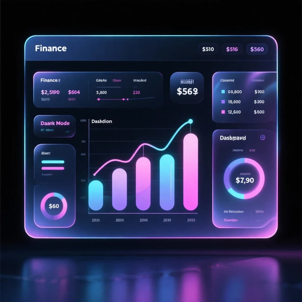Make a dark mode finance dashboard with charts, glassmorphism, soft neon glow.