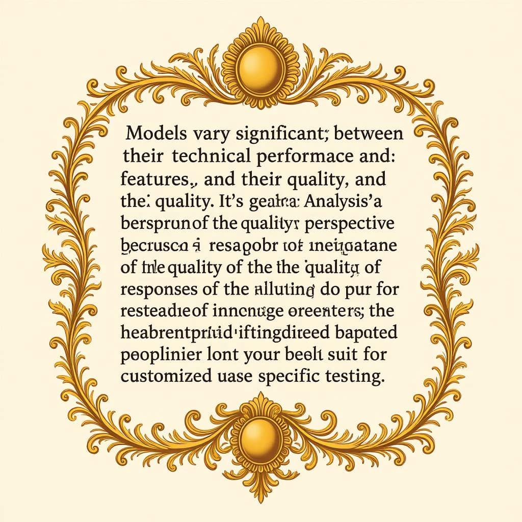 On a flat layout, write in an ornate baroque style "Models vary significantly between their technical performance, features and their quality. Artificial Analysis's intelligence index represents a generalist perspective and is useful as an indicator of the quality of responses. It is generally advisable to develop a short-list of models which best suit your use-case for customized use-case specific testing. "
