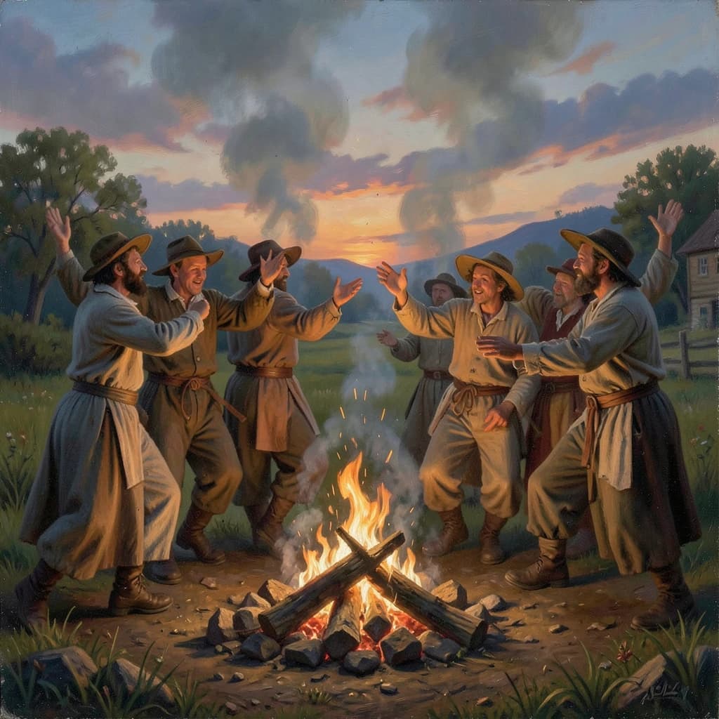 Make an oil painting of villagers dancing by a bonfire at dusk, a bit smoky.