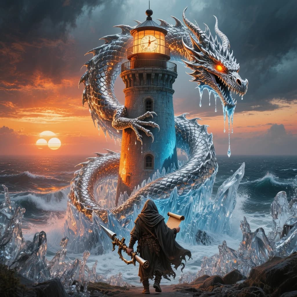A dragon of molten silver coils around a lighthouse. The storming sea below crashes upward in frozen stillness, as though caught mid-motion. The dragon’s molten eyes drip tears of ice. On the horizon, two suns set next to each other, casting orange light on one side of the tower and blue on the other. A cloaked traveler carries an ancient weapon in his left hand and a scroll in his right.
