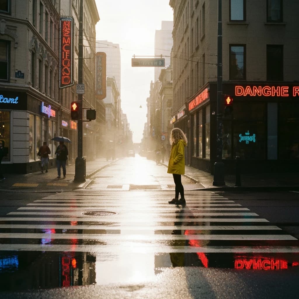 A sunlit city street after rain; puddles mirror neon signs as a woman in a yellow raincoat waits at a crosswalk, soft mist, 50mm look, natural tones, a bit of film grain.