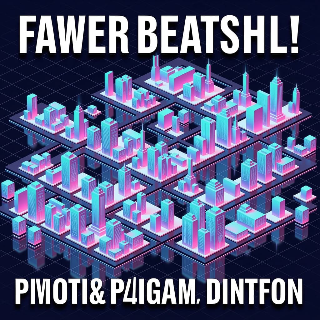 Render an isometric city poster with geometric buildings, neon gradients, gloss highlights, soft AO shadows, clean sans-serif lettering, grid layout, reflections a bit overexposed.