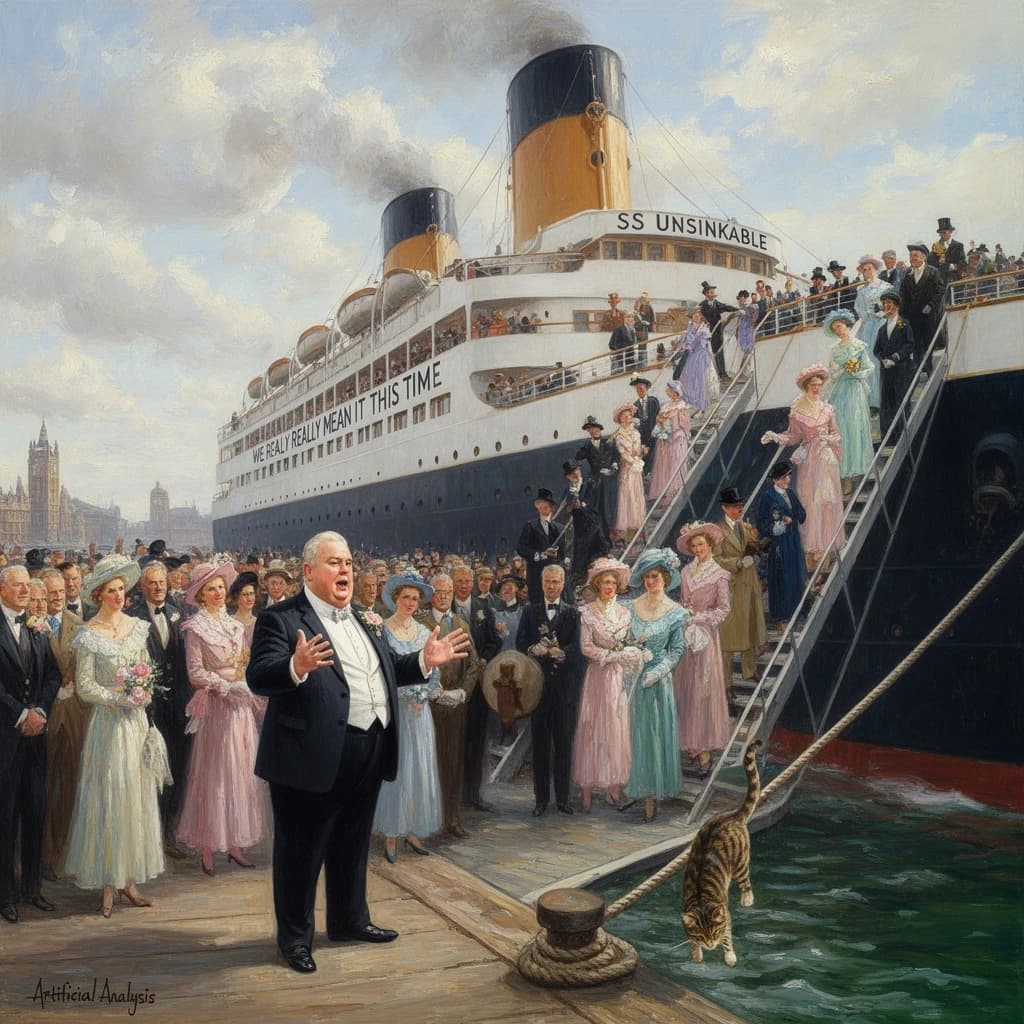 An impressionistic painting of the mighty steamer the "SS Unsinkable We Really Mean It This Time" on a cloudy but bright London morning about to set out on her maiden voyage. A jubilant crowd is gathered on the dock around the paunchy mayor who is making a speech, gesticulating wildly with his hands. The gangways are busy with well heeled ladies and gentlemen making their way onto the ship. A cheeky cat hangs over the water, clinging to the mooring rope after an ill-fated attempt to climb up. The artist has signed his name "Artificial Analysis" in the bottom corner