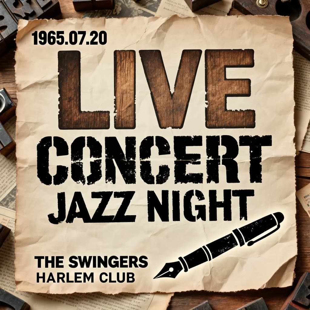 Make a 1960s concert poster featuring bold wood type, misaligned ink, creases.