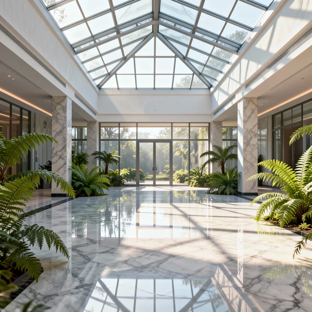 Sunlit atrium with glass ceiling, marble floor, ferns, a bit of morning haze.