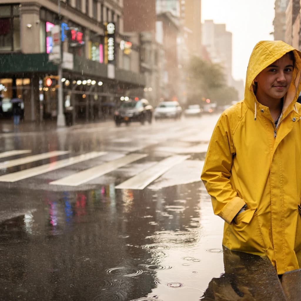 A sunlit city street after rain; puddles mirror neon signs as a woman in a yellow raincoat waits at a crosswalk, soft mist, 50mm look, natural tones, a bit of film grain.