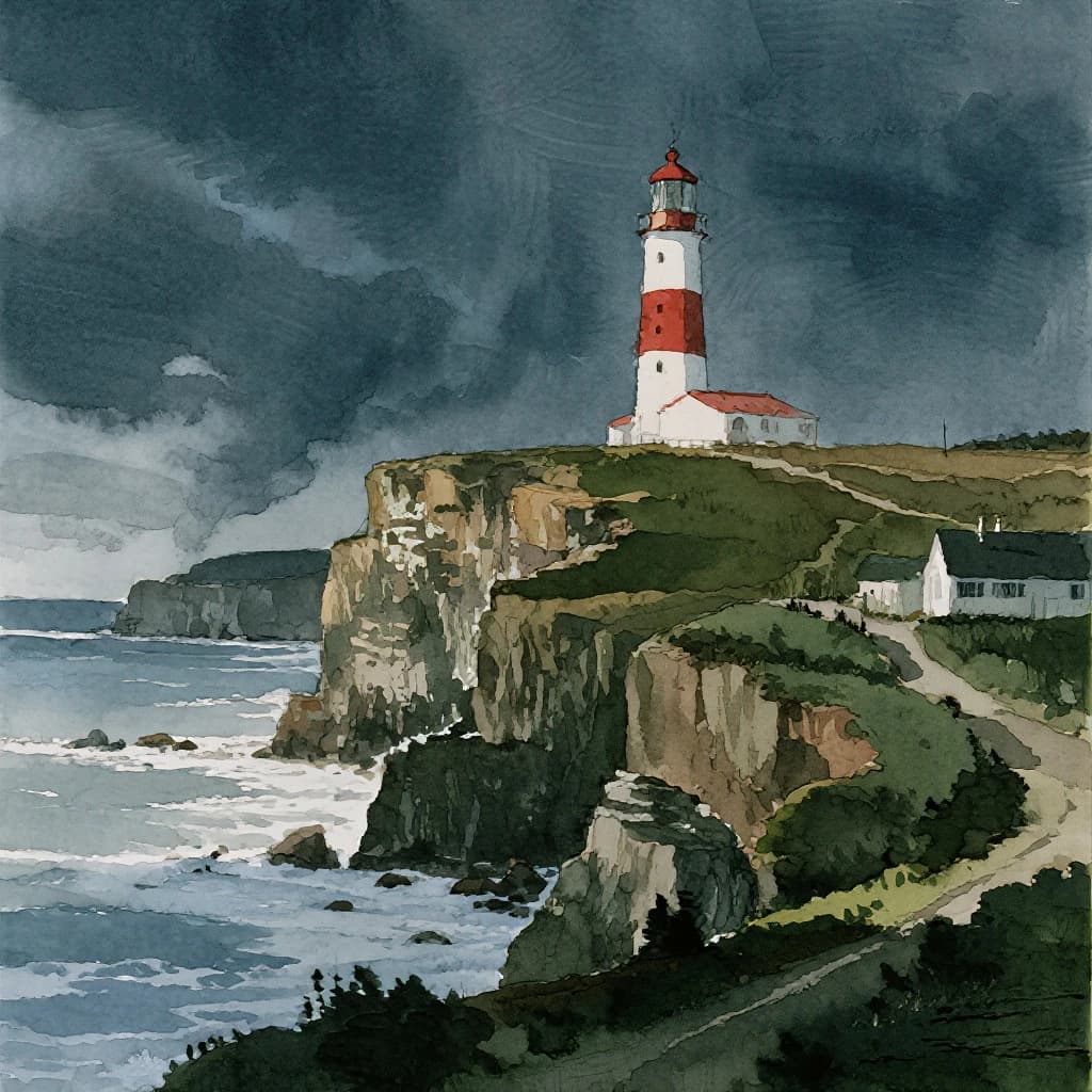 Please paint a watercolor of stormy cliffs and a lighthouse, moody sky.