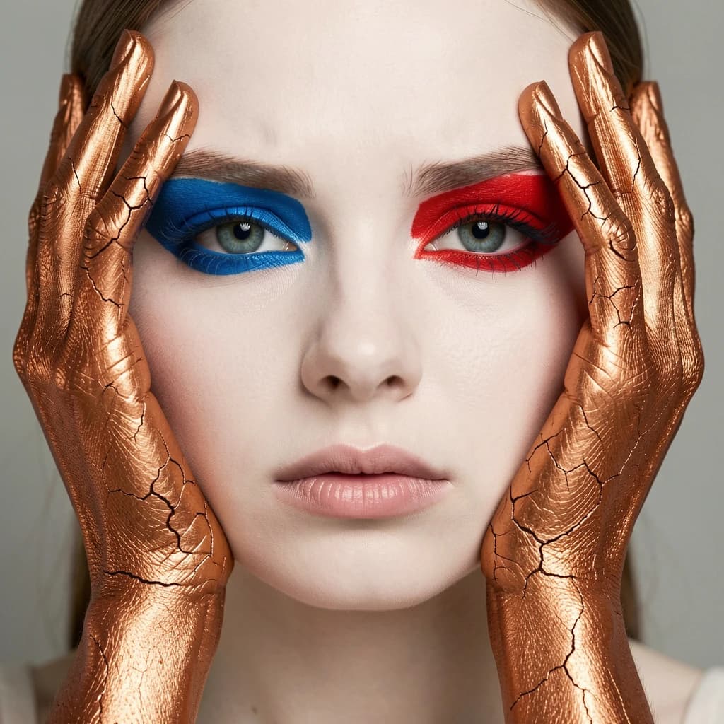 A striking close-up portrait of a woman with cracked metallic copper-painted hands framing her face. Her vivid blue and red eye makeup contrasts sharply with the smooth, pale skin and muted background, creating a bold, surreal composition. She displays an air of uncertainty about her