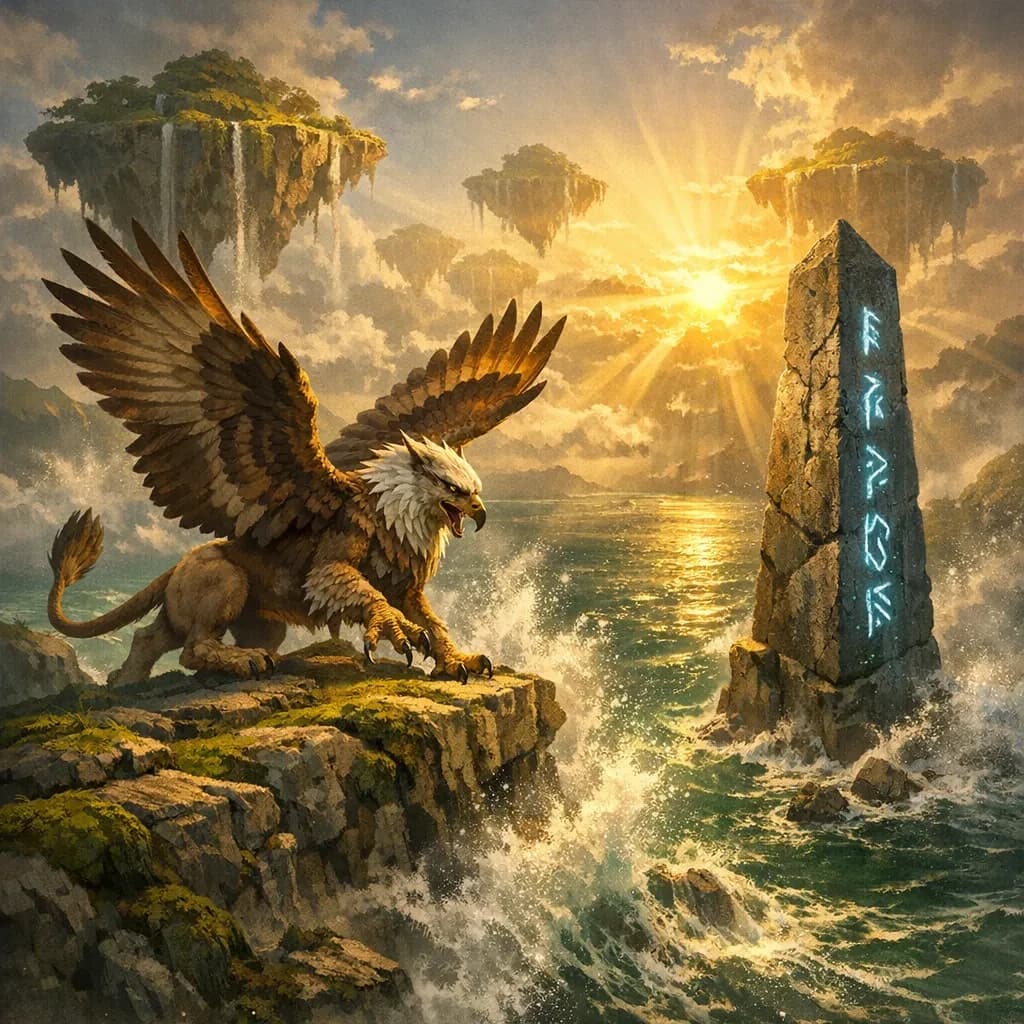 At dawn, a winged griffin lands on a mossy cliff above a jade sea beside a runed obelisk; floating isles drift under golden sunbeams, with a bit of sea spray and glowing runes.