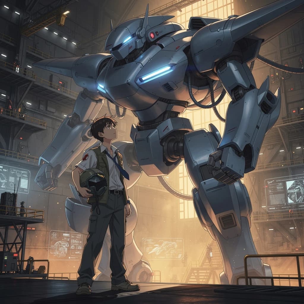 A teenage pilot grips his helmet under one arm, standing at the edge of a glowing hangar bay. Before him looms a sleek, steel-blue mech, its eyes lit with a cold electric glare. His school uniform is rumpled, a sharp contrast to the machine’s flawless plating. The vast scale engulfs him in shadow, emphasizing both awe and dread. Hand-drawn anime style.