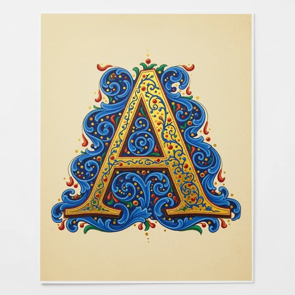 Illuminated letter A on vellum, gold leaf, a bit uneven flourishes.
