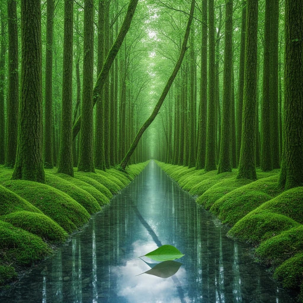 The forest is saturated green, trees identical in height and width, trunks straight, bark texture repeating. One trunk leans diagonally yet the branches remain vertical. The moss is emerald, glistening, though each patch forms identical diamond shapes. A stream runs straight, perfectly linear, water clear, reflecting clouds not visible in the sky. No animals, no insects, but one leaf floats on the water, doubled, showing two overlapping shadows.