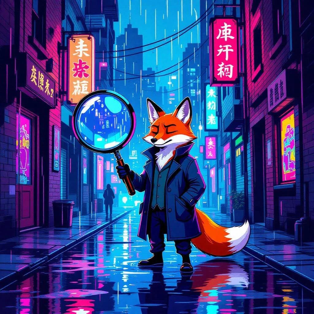 A fox detective stands in a rainy neon alley, bold outlines, flat colors, oversized magnifying glass; a bit moody, puddles reflect signs, raindrops like small dashes.