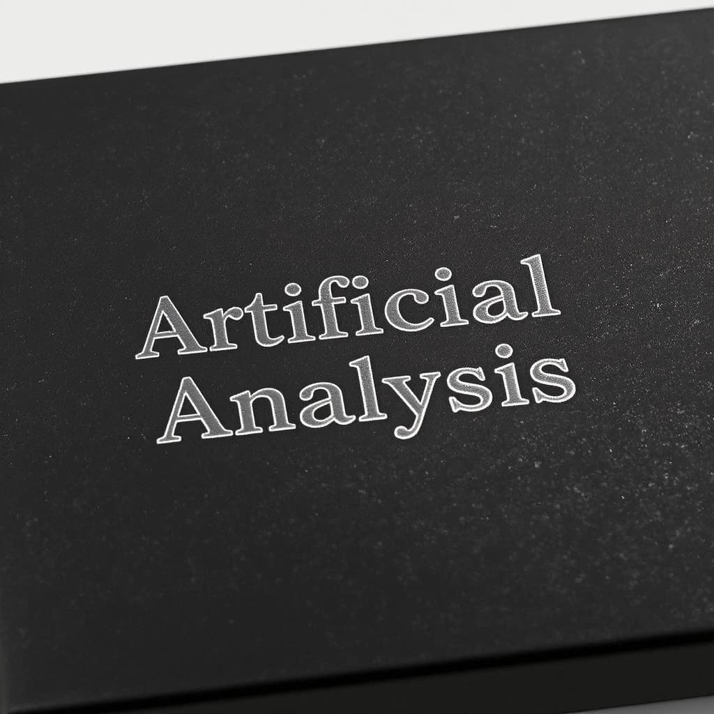 On the black box, silver foil embossing, centered: "Artificial Analysis" in Comic Sans Small Caps, perfectly justified. The letters are crisp, but the “Y” is duplicated faintly, ghosting right. On the box’s reflection, the word order is inverted: ARTIFICIAL ANALYSIS.