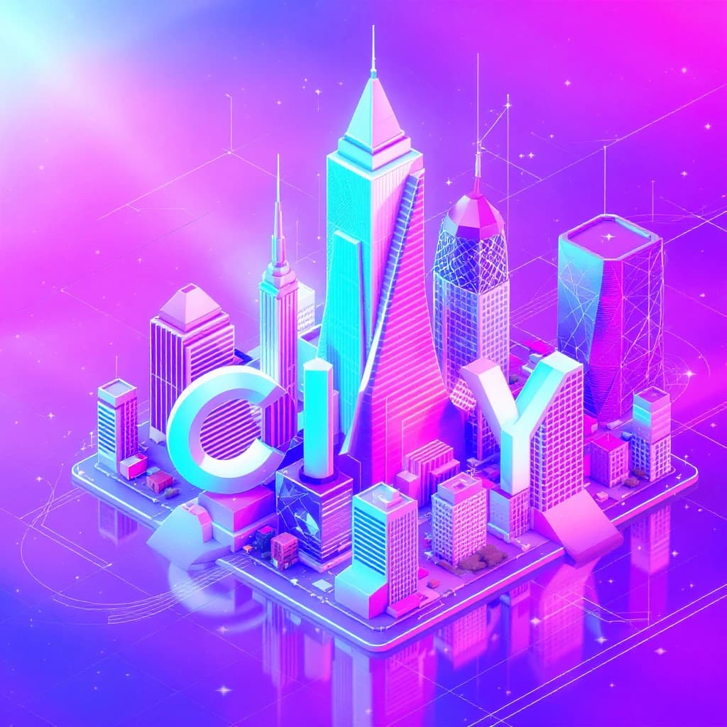 Render an isometric city poster with geometric buildings, neon gradients, gloss highlights, soft AO shadows, clean sans-serif lettering, grid layout, reflections a bit overexposed.