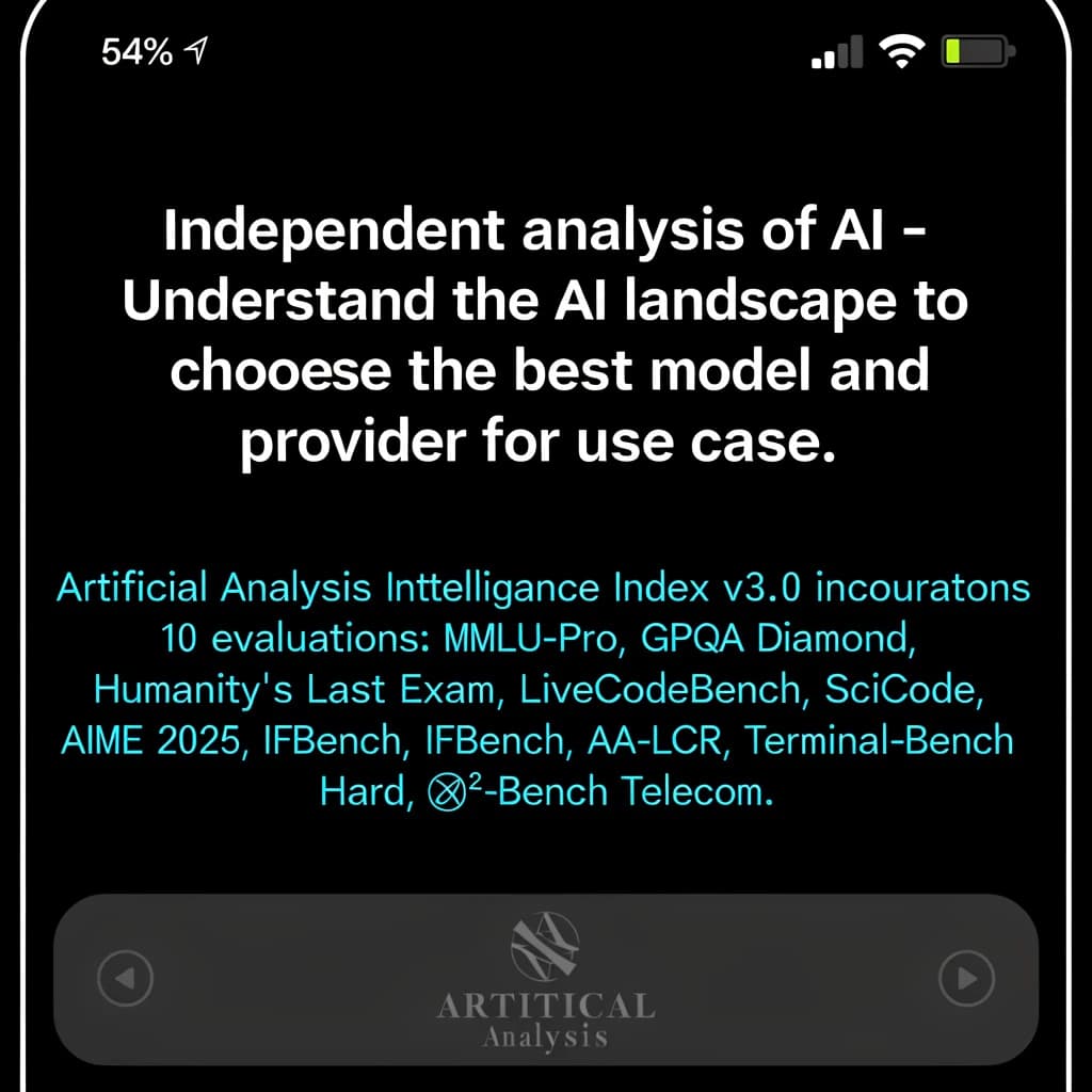 On a black smartphone UI with rounded corners, display a centered text block in white San Francisco font, 16pt: “Independent analysis of AI - Understand the AI landscape to choose the best model and provider for your use case.” Below, in neon cyan, monospace font, smaller size: “Artificial Analysis Intelligence Index v3.0 incorporates 10 evaluations: MMLU-Pro, GPQA Diamond, Humanity's Last Exam, LiveCodeBench, SciCode, AIME 2025, IFBench, AA-LCR, Terminal-Bench Hard, 𝜏²-Bench Telecom.” The second block scrolls horizontally as a ticker. The battery icon in the status bar shows 54%. The Artificial Analysis logo appears faintly, embossed into the bottom navigation bar.
