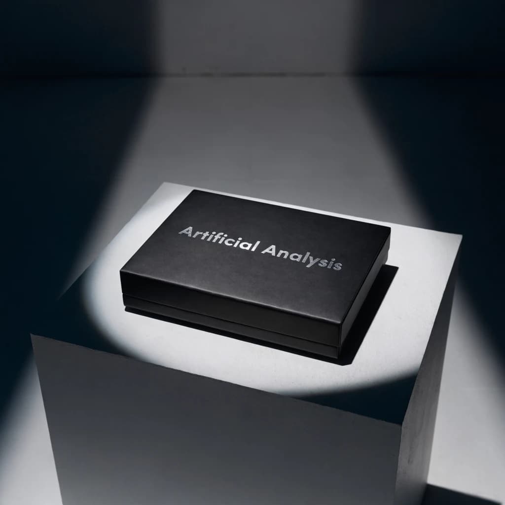 A premium matte black laptop-sized box rests on a pure white pedestal within a gallery space. Overhead, a single spotlight carves sharp contrast, leaving the edges in deep shadow. The brand name Artificial Analysis is embossed in silver foil, glinting faintly as though it were jewelry.