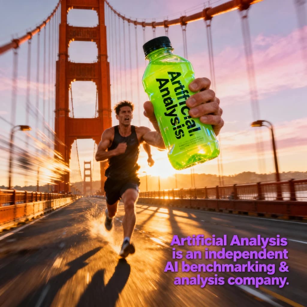 A runner dashes across the Golden Gate Bridge at dawn, sunlight streaming between cables. In their hand, they carry a neon-green sports drink with the brand name Artificial Analysis splashed boldly across the bottle. Motion blur emphasizes speed, while crisp purple sans serif typography overlays the bottom right of the scene with the tagline: Artificial Analysis is an independent AI benchmarking & analysis company