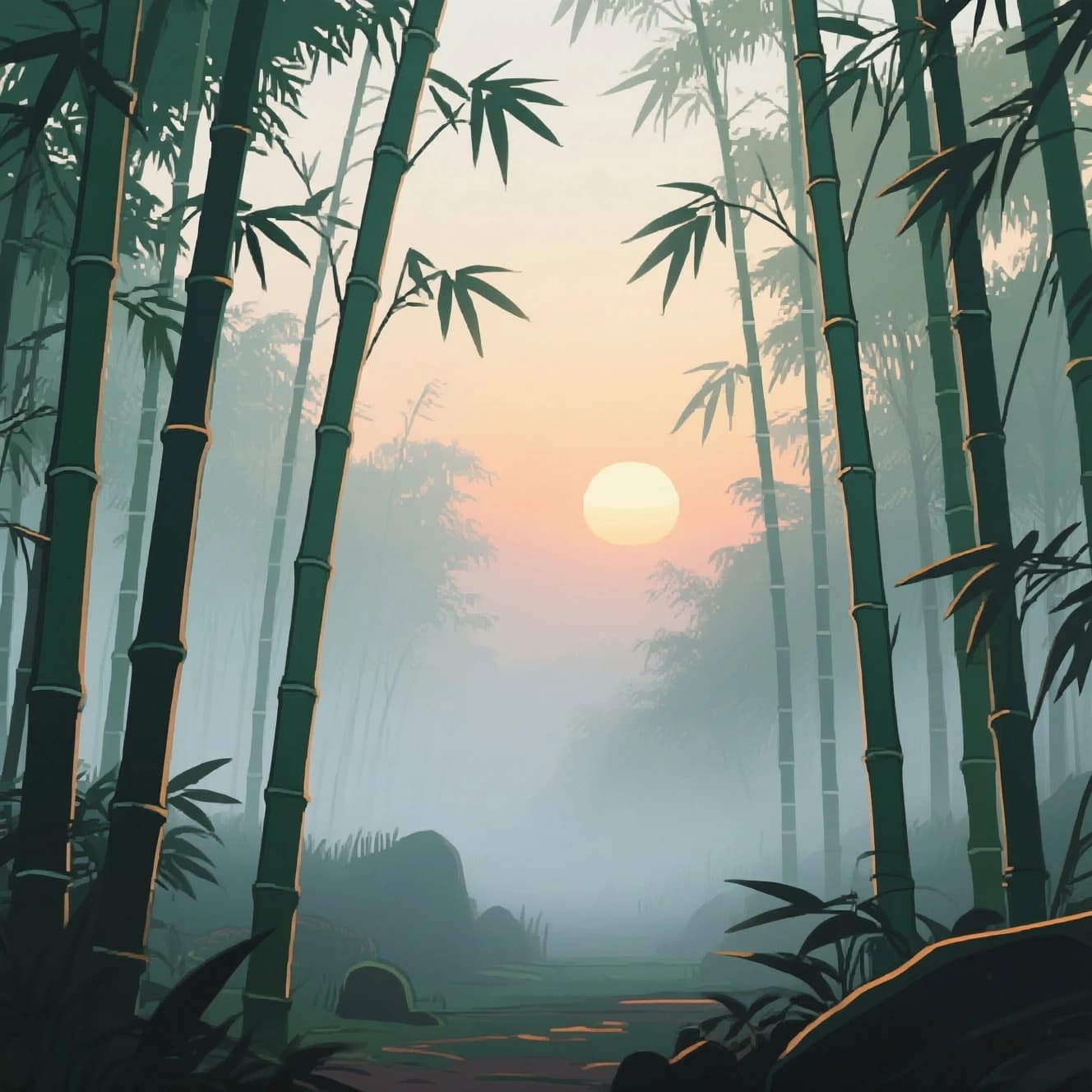 Give me a misty bamboo forest at sunrise, bold outlines, slightly cel-shaded.