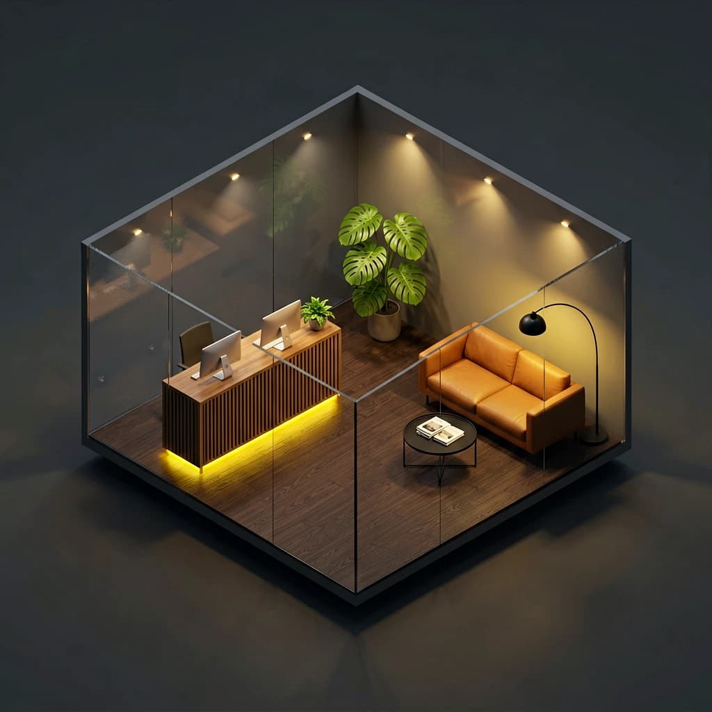 Isometric 3D lobby, glass walls, warm lights, slightly moody, soft shadows.