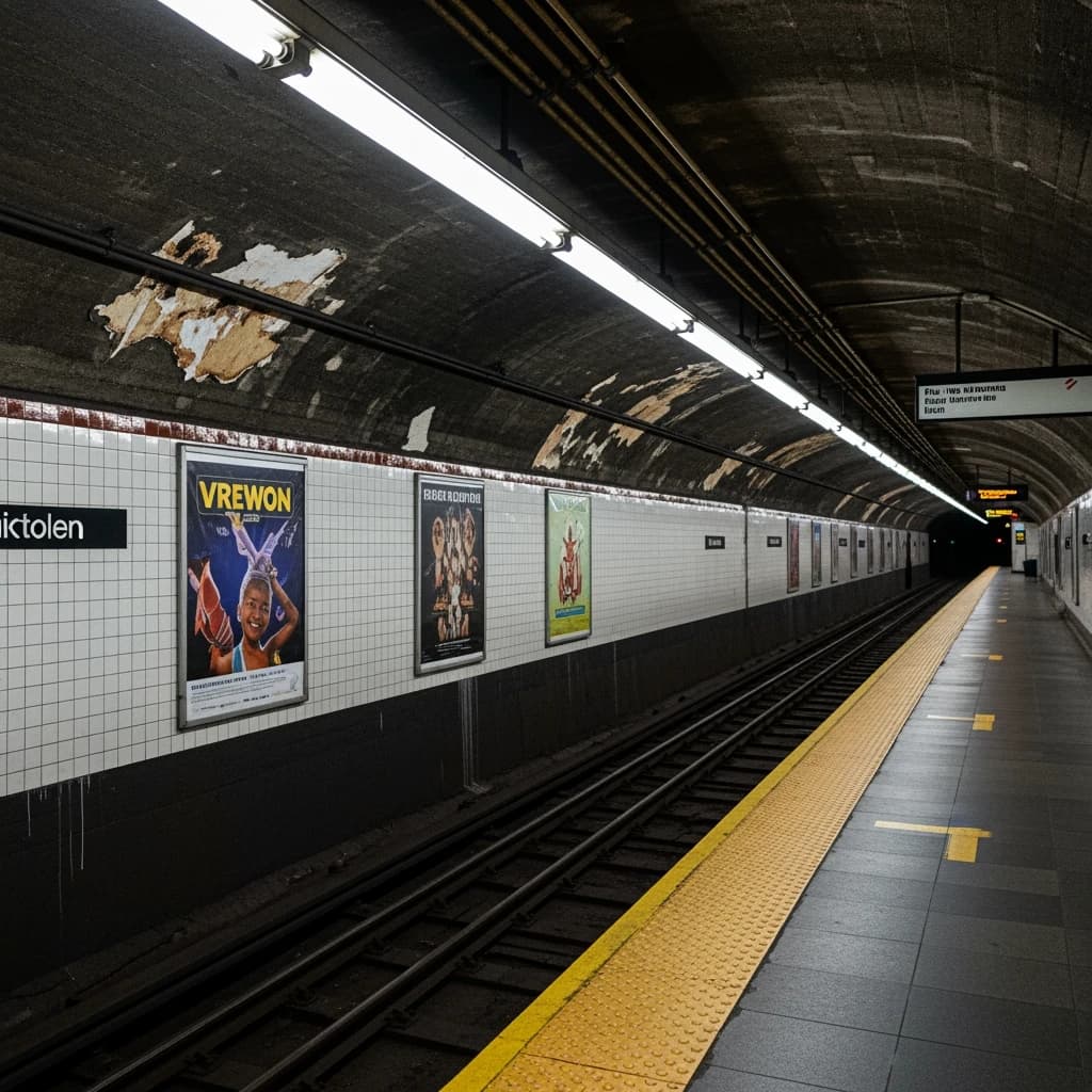 A subterranean subway platform with glossy tiles, peeling posters, flickering fluorescent lights, yellow safety line, and a distant train coming; slightly damp, echoes carry.