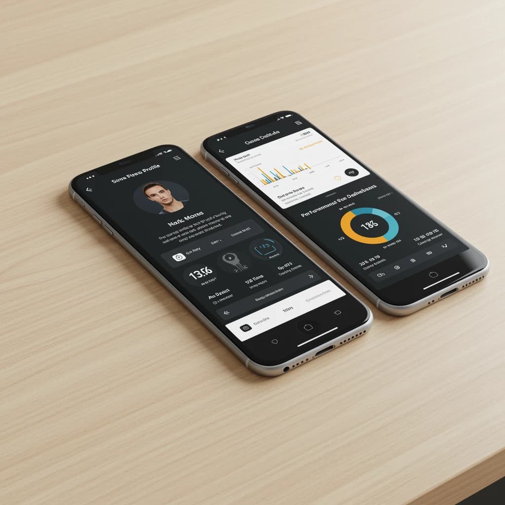 Sleek mobile fitness app screens on a desk: dark mode home, progress dashboard, simple onboarding, clear 8 pt grid, slightly oversized buttons for thumb reach, muted colors.