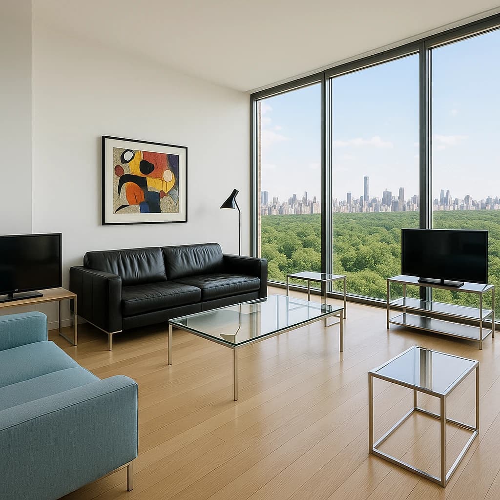 My apartment overlooks Central Park. It’s very luxurious, very expensive, and the furniture is minimal — a black leather couch, a glass coffee table with chrome legs, an Arne Jacobsen floor lamp. A big-screen television set rests on a steel shelving unit. A David Onica painting hangs above the couch. There’s a stainless steel and glass cocktail table. A powder-blue sofa. A thirty-inch digital TV.