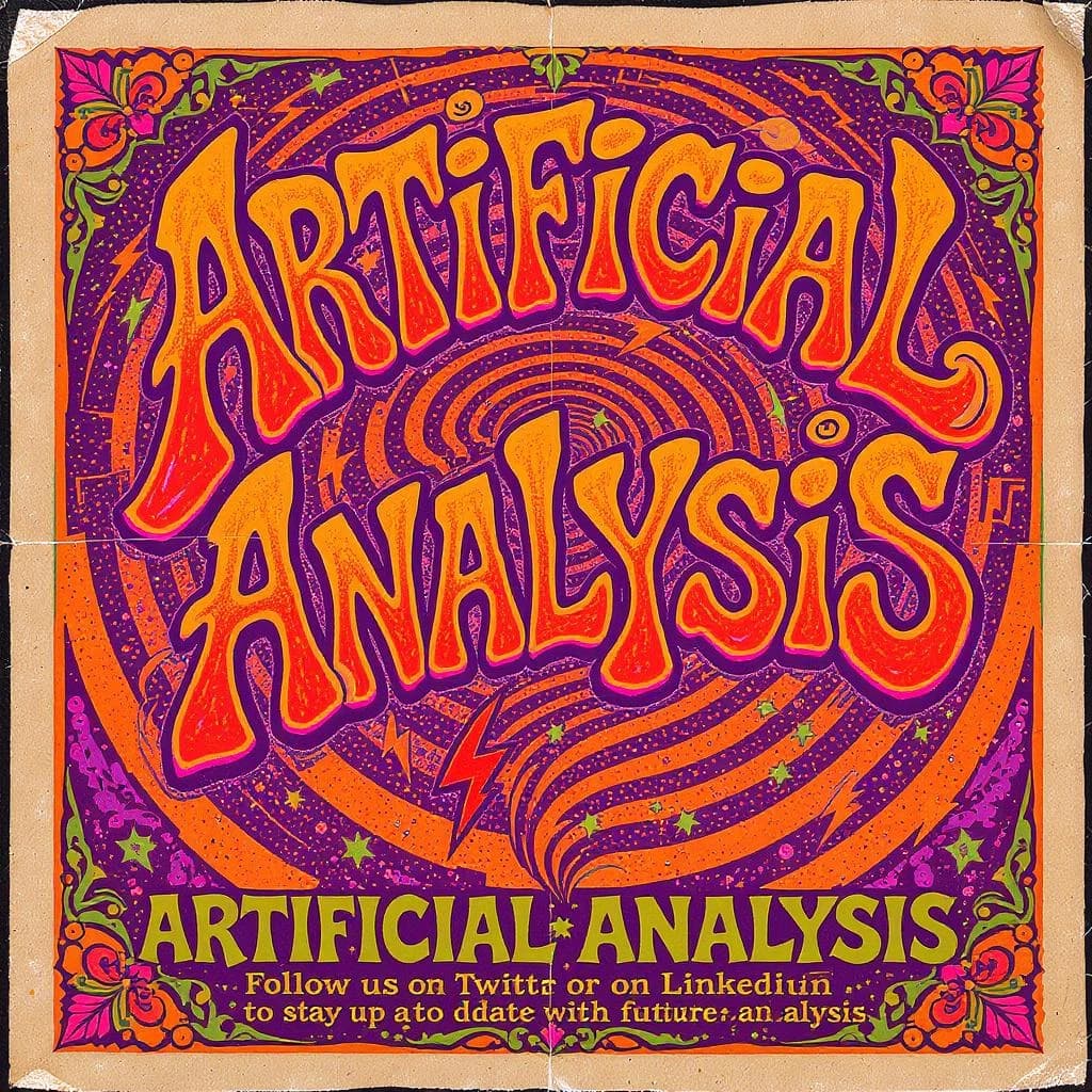 A portrait layout psychedelic concert poster from 1972 bathed in saturated oranges, deep purples, and acid greens. Swirling, hand-drawn typography arcs across the top, spelling out Artificial Analysis in bold, distorted letters that melt into spirals. Surrounded by radiating concentric circles and lightning-bolt motifs. The background is textured with halftone dots and faded paper creases, evoking a well-worn poster taped to a brick wall. Ornate floral borders frame the design, while the bottom features blocky retro lettering listing “Follow us on Twitter or LinkedIn to stay up to date with future analysis” in smaller text. 