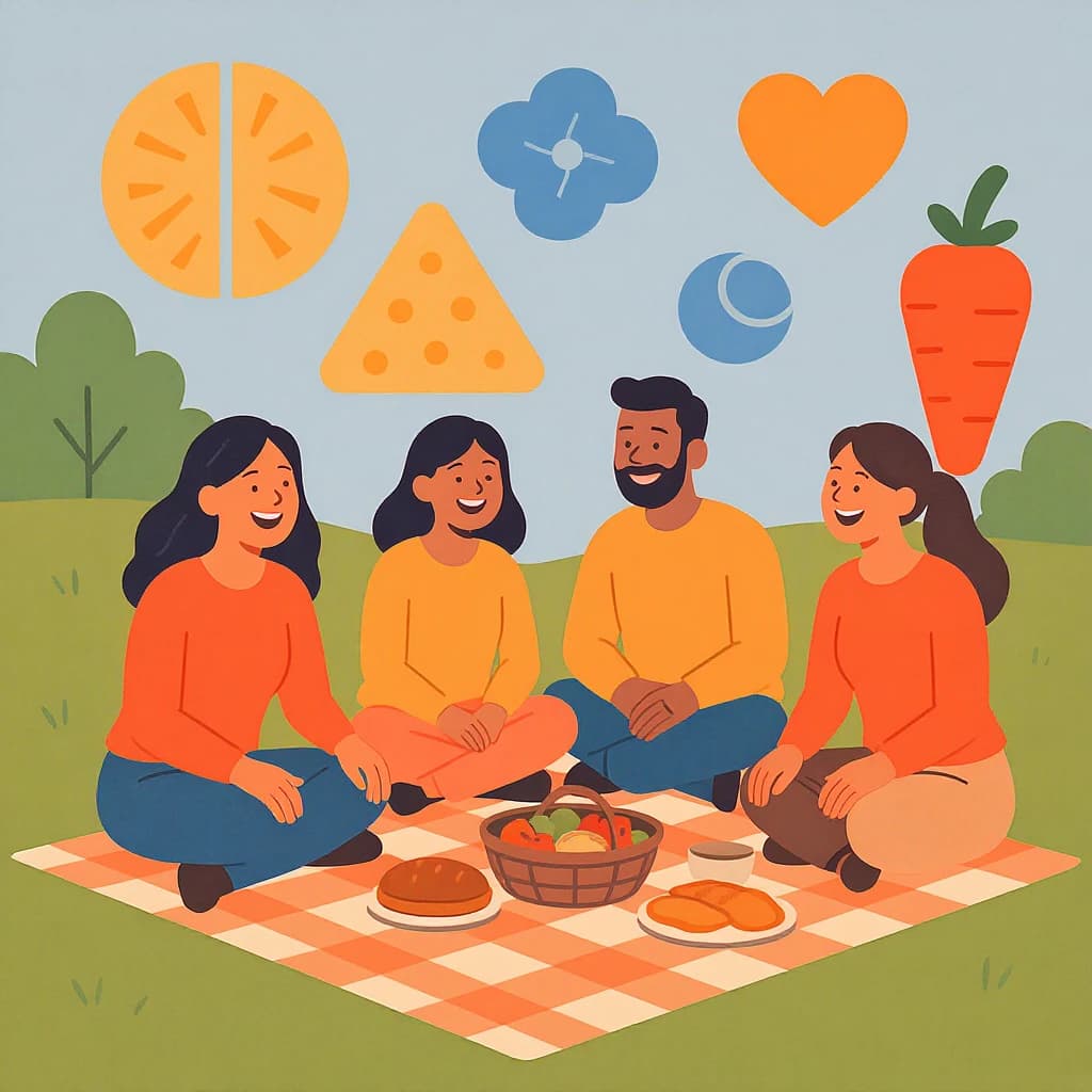 Flat vector picnic scene, friends laughing, oversized food icons, simple shapes.