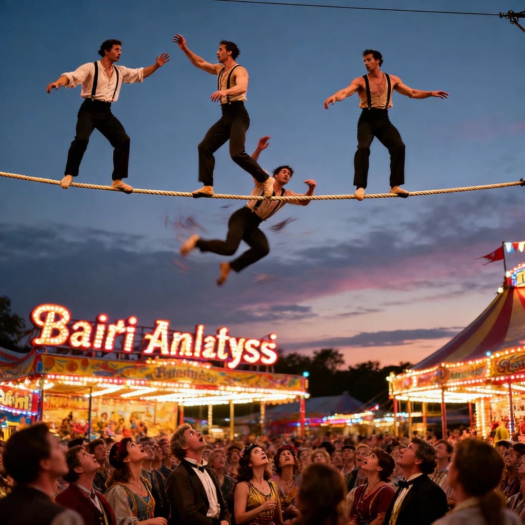 At dusk, high above a carnival crowd, three tightrope walkers balance on a single rope with no aids, one is off balance and grabbing at air. Below, the audience looks upward with baited anticipation. Artificial Analysis is spelled out in the background in carnival lights