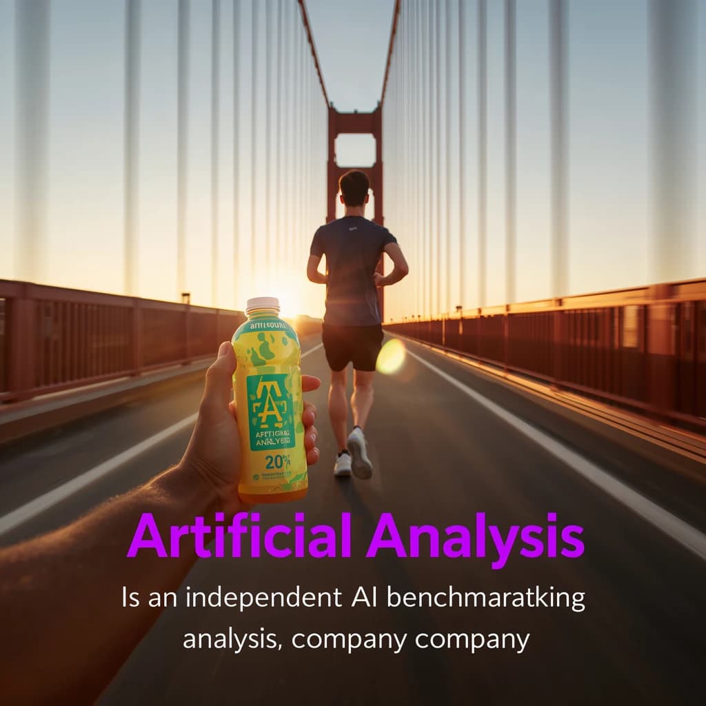 A runner dashes across the Golden Gate Bridge at dawn, sunlight streaming between cables. In their hand, they carry a neon-green sports drink with the brand name Artificial Analysis splashed boldly across the bottle. Motion blur emphasizes speed, while crisp purple sans serif typography overlays the bottom right of the scene with the tagline: Artificial Analysis is an independent AI benchmarking & analysis company