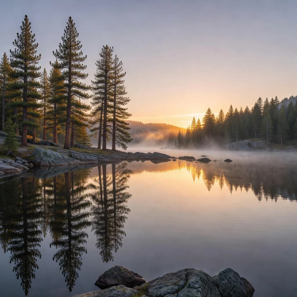 I want a photo of a misty alpine lake at dawn, pines, glassy water, warm light.