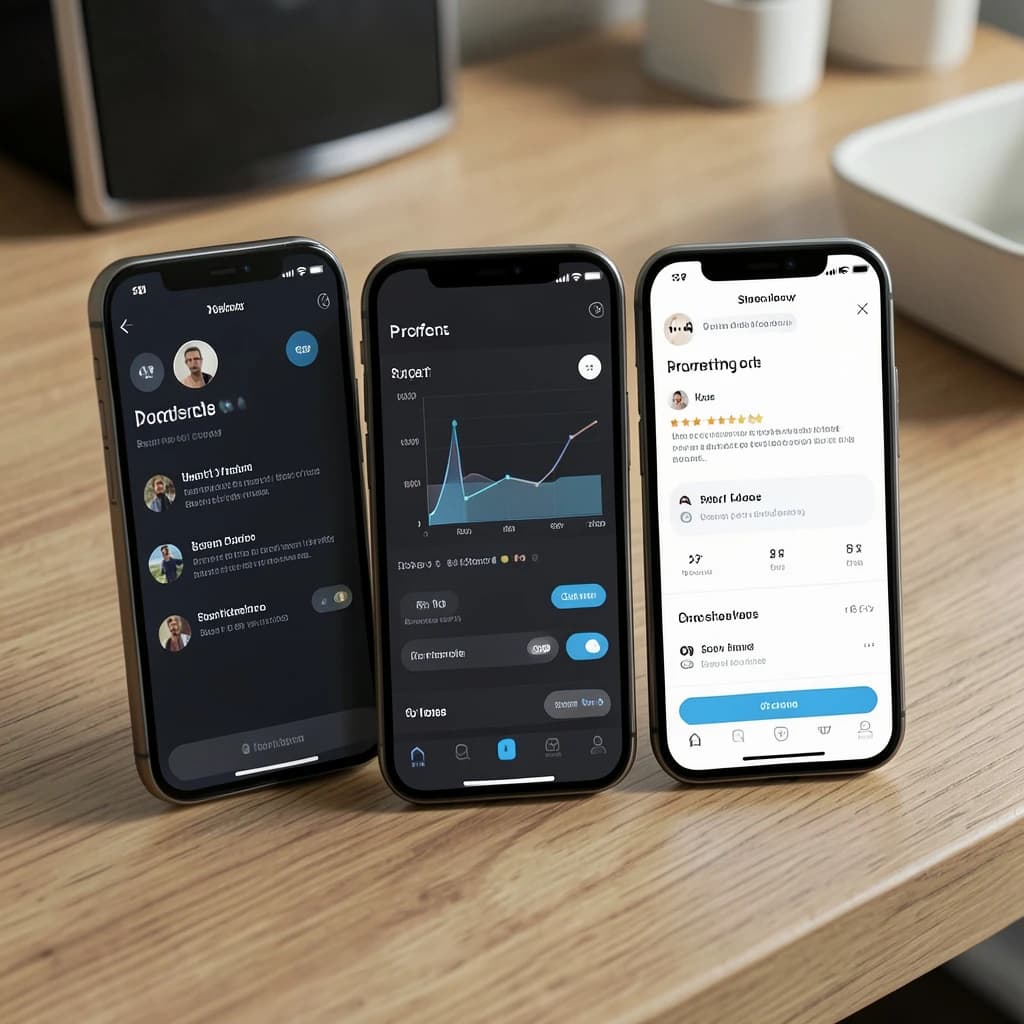 Sleek mobile fitness app screens on a desk: dark mode home, progress dashboard, simple onboarding, clear 8 pt grid, slightly oversized buttons for thumb reach, muted colors.