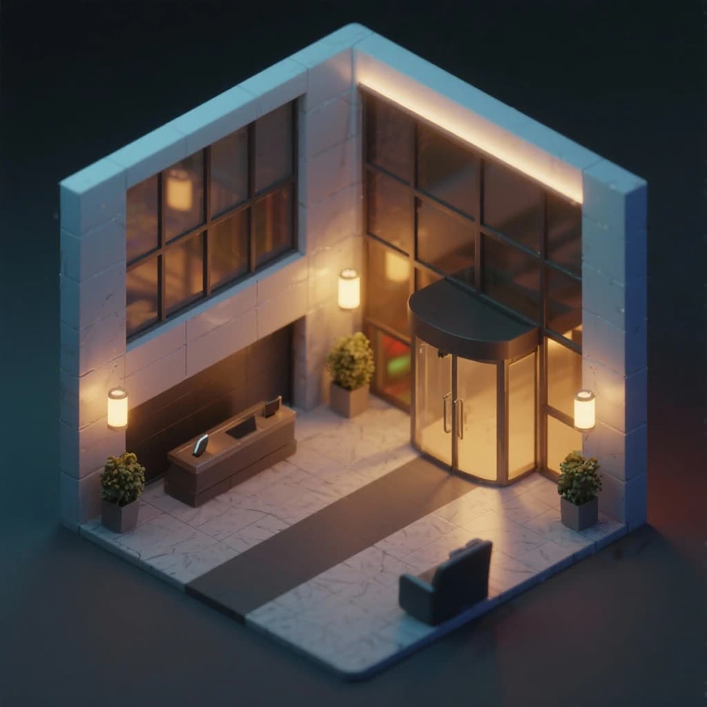 Isometric 3D lobby, glass walls, warm lights, slightly moody, soft shadows.