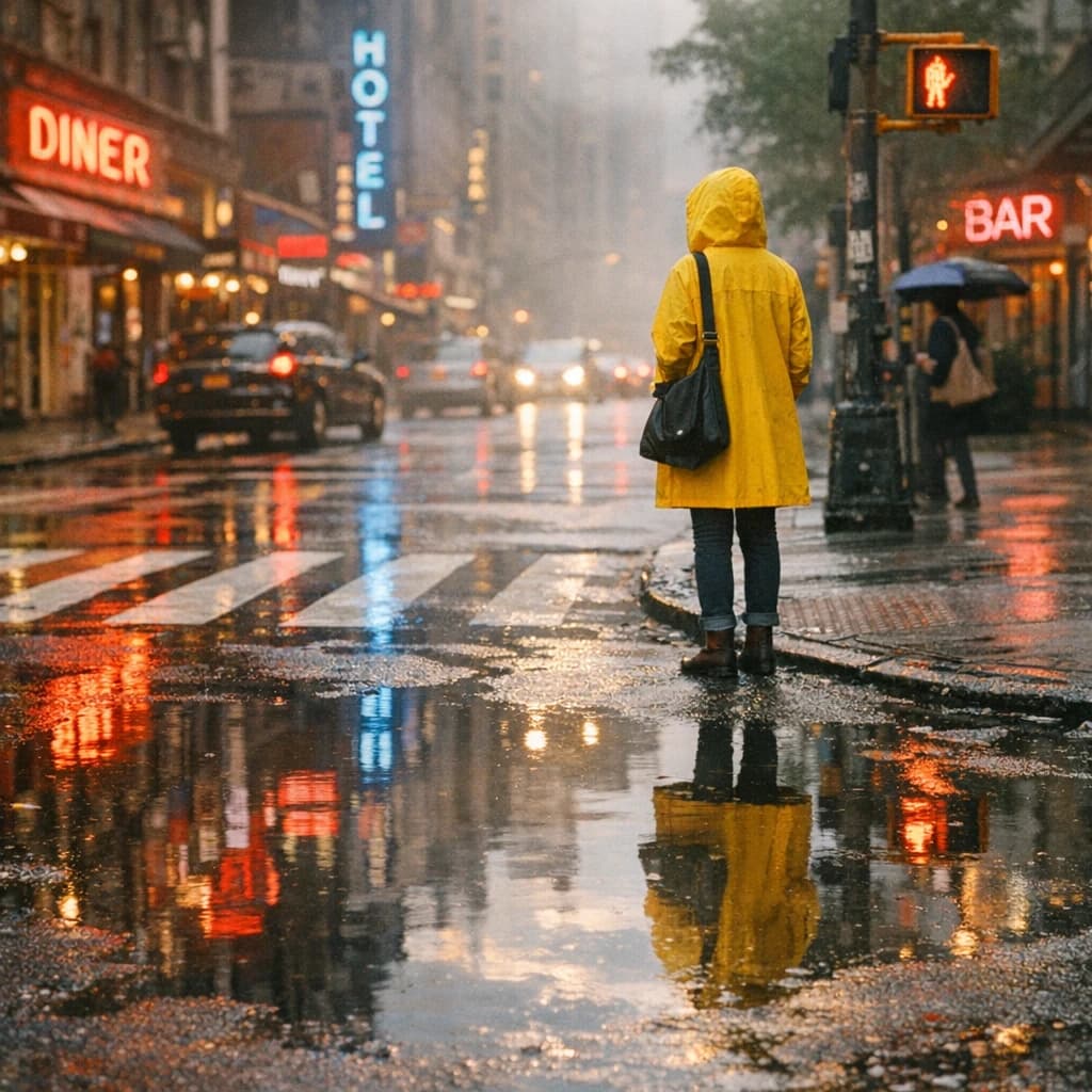 A sunlit city street after rain; puddles mirror neon signs as a woman in a yellow raincoat waits at a crosswalk, soft mist, 50mm look, natural tones, a bit of film grain.