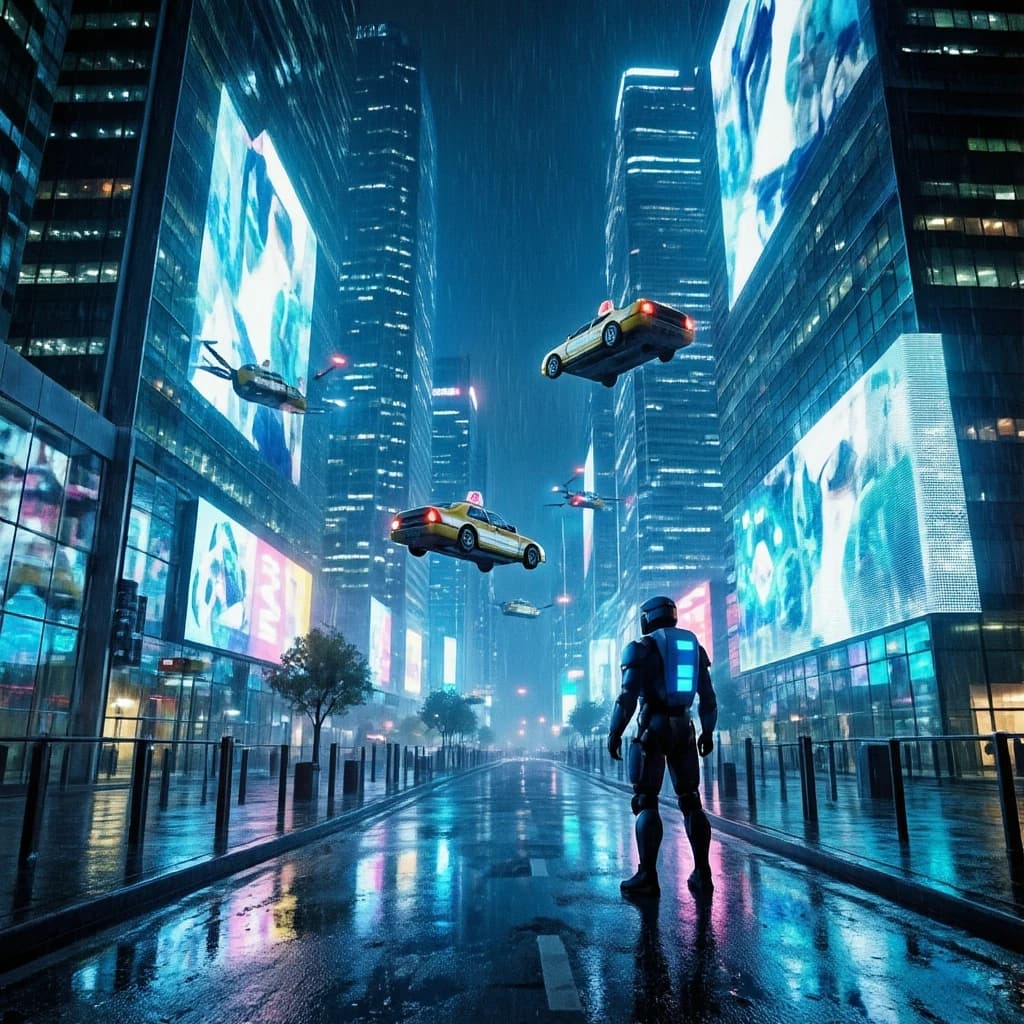 Rain-soaked neon megacity at night, flying taxis weave between glass towers, giant holograms flicker; a lone courier in a matte exosuit, somewhat cinematic wide angle.