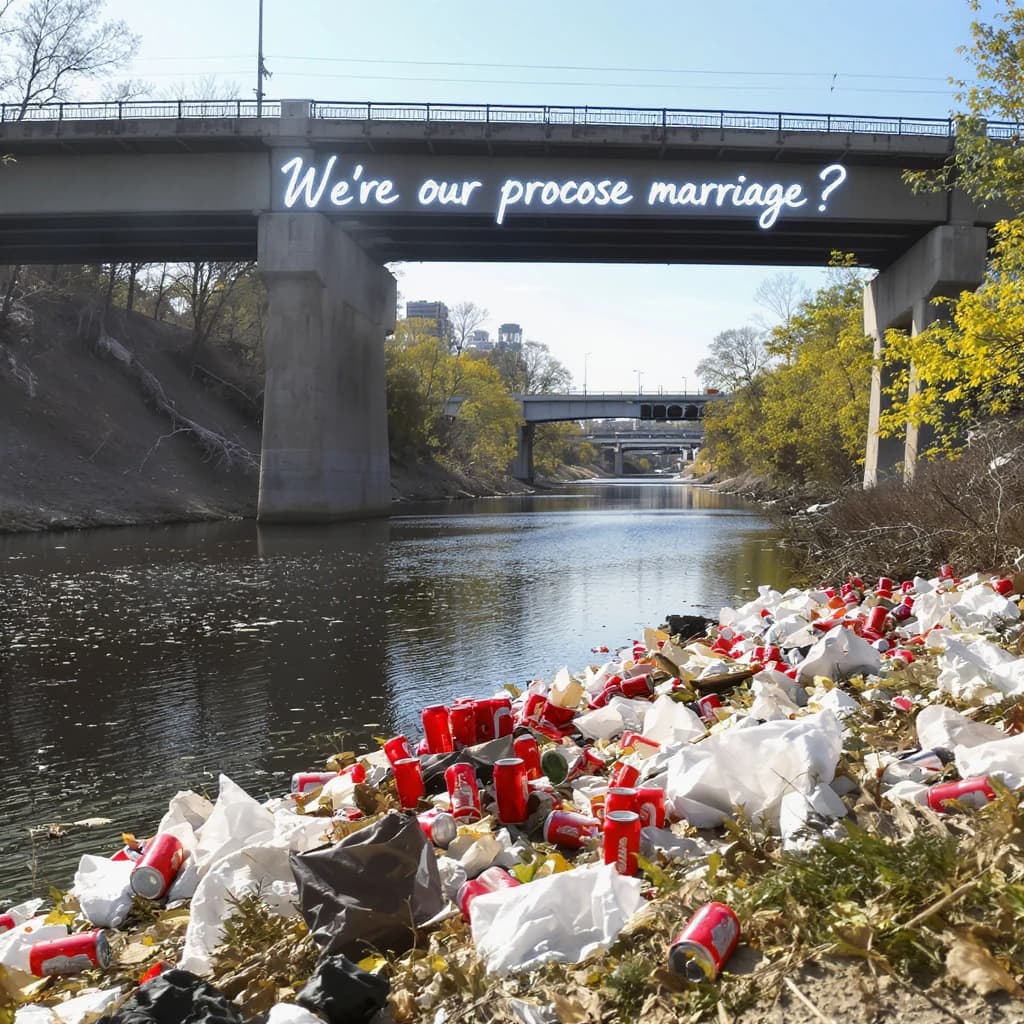 Red soda cans and other garbage sit strewn across the bank of an urban river only a few metres wide. Concrete overpasses criss cross overhead on a bright and sunny day. Fading skywriting proposes marriage
