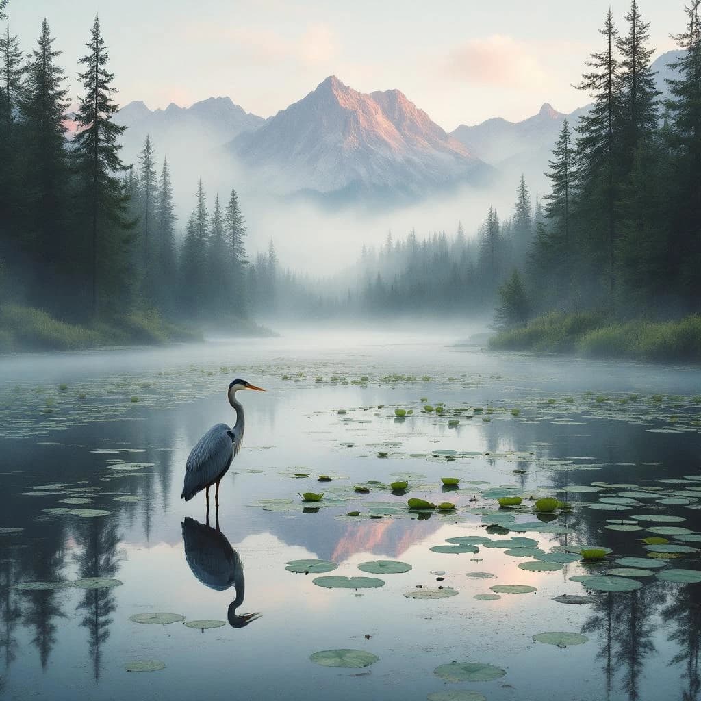 With pre-dawn mist along a cedar forest river and glassy water dotted with lily pads, distant mountains blush pink, and a heron stands still like it forgot what to do next.
